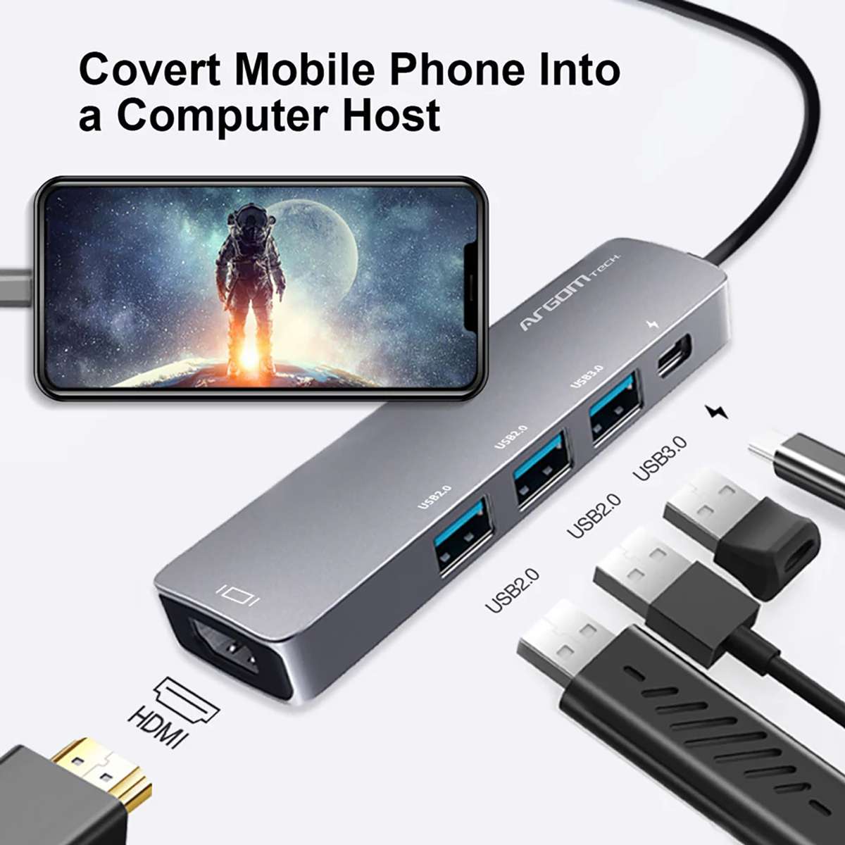 Adaptador Hub Argomtech Oneaxess de Aluminio 5 en 1 USB Tipo C